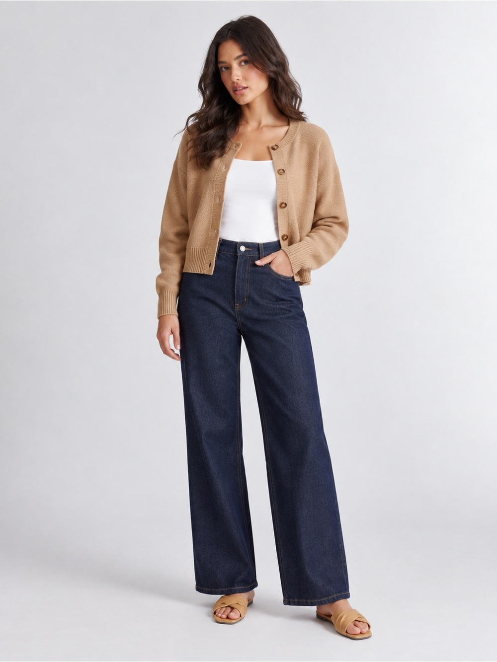 Quince 100% Organic Cotton Cropped Button-Front Cardigan Camel Size Medium